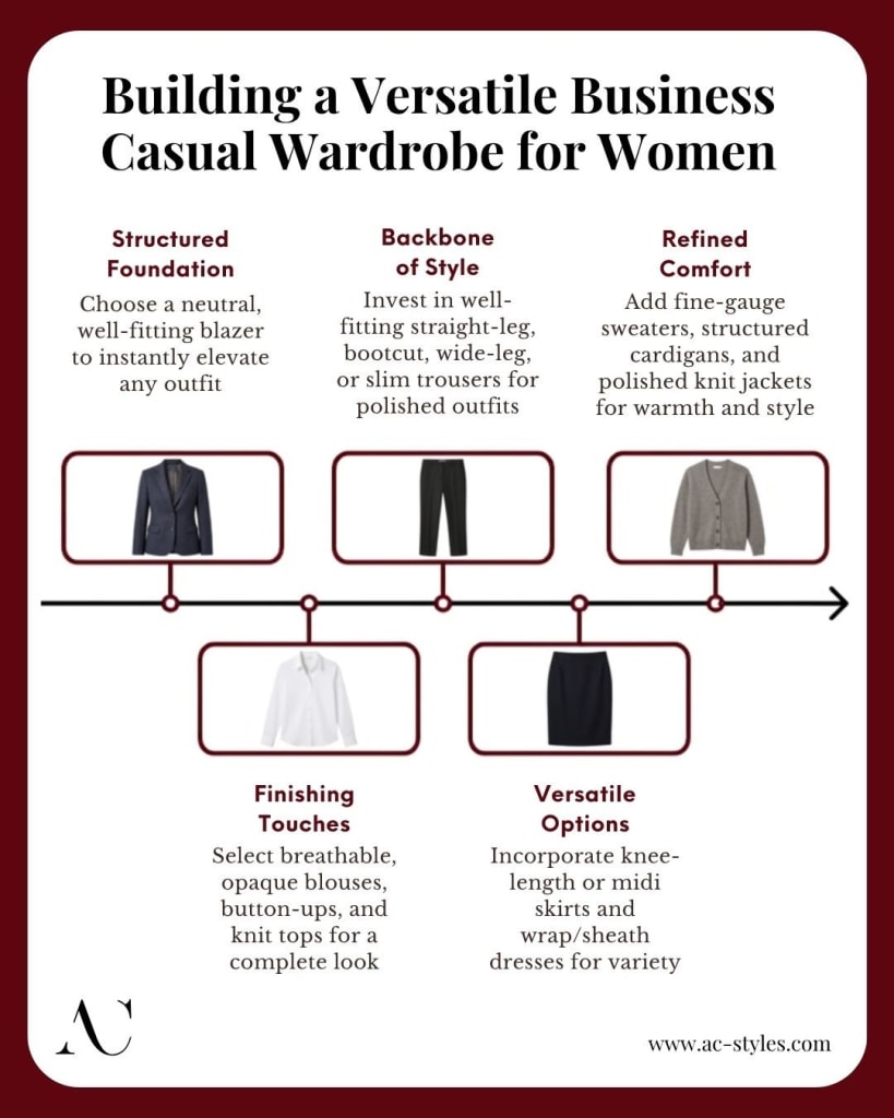 Infographic outlining tips for building a business casual wardrobe for women, including blazers, shirts, trousers, cardigans, skirts, dresses, and breathable blouses for versatile outfits. Discover what is business casual for a woman with practical wardrobe essentials and see business casual women examples to inspire your own professional style.